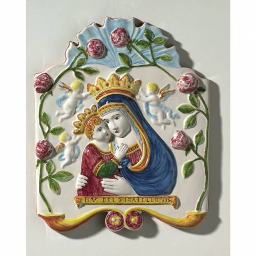 Beata Vergine del Piratello di Imola, incorniciata di rose. Dimensioni: 29,4 x 35,3 x 4,3 cm. 
