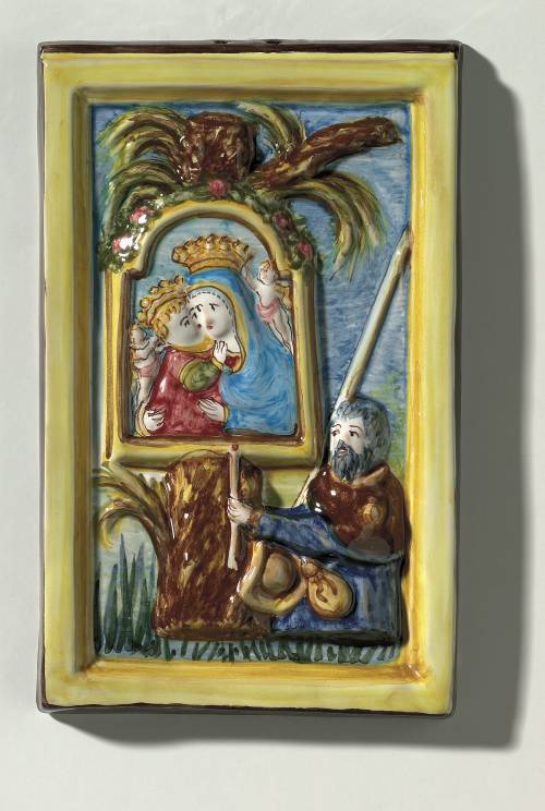 Beata Vergine del Piratello e il Pellegrino. Dimensioni: 15 x 24 x 2.5 cm.